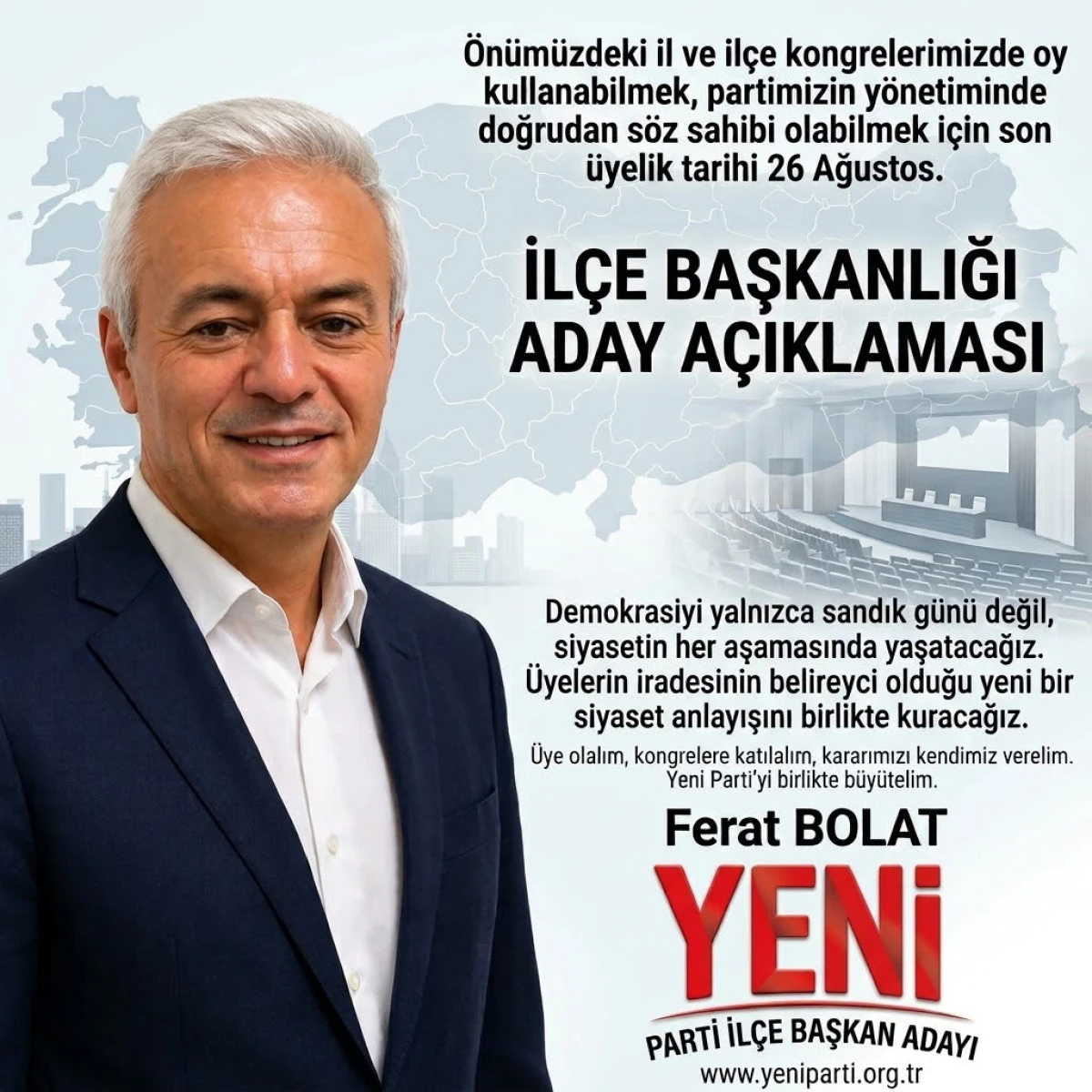 Ferat Bolat, Yeni Parti Vezirk&ouml;pr&uuml; İl&ccedil;e Başkanlığına Adaylığını A&ccedil;ıkladı